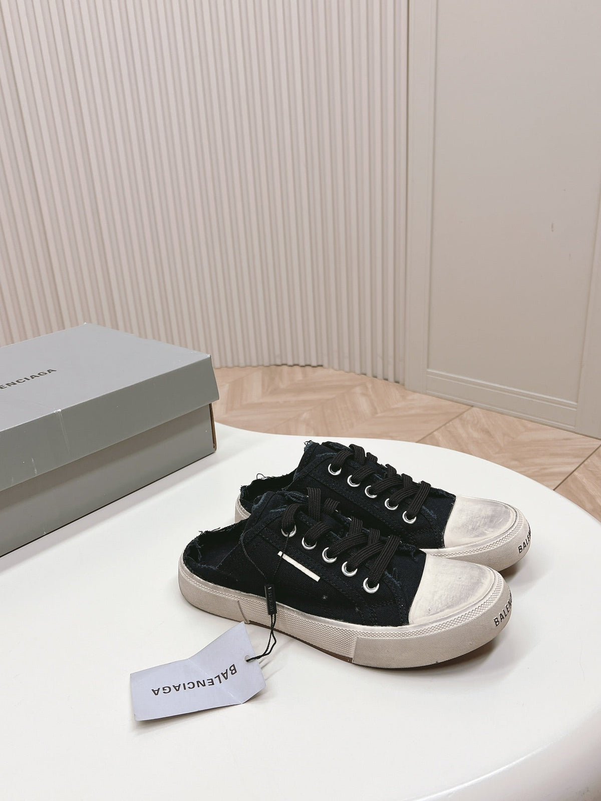 PARIS MULES IN BLACK DESTROYED DENIM AND RUBBER