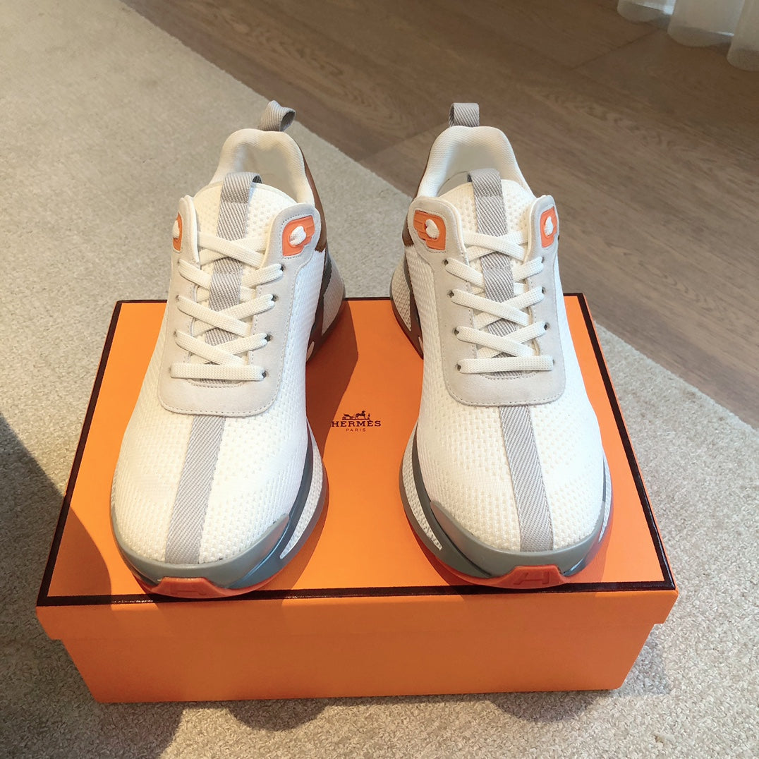 HM Heros Sneaker In White Grey Mix Brown Orange Calfskin And Mesh Fabric 970869
