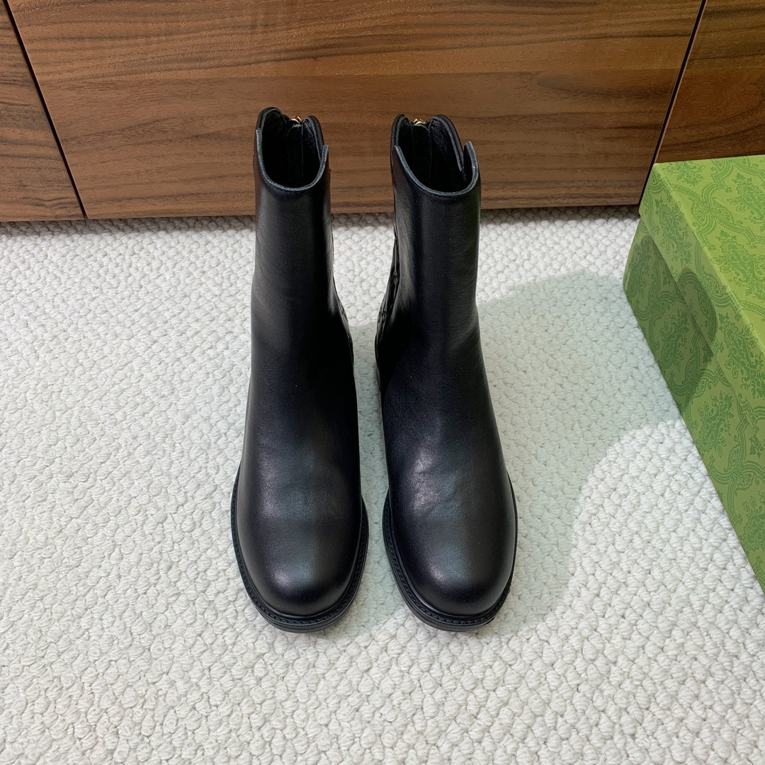GG Riding Ankle Boots Black Monogram Embossed Cowhide 473642