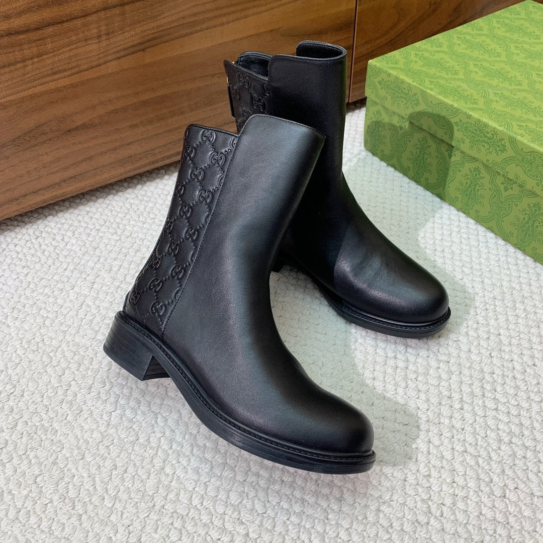GG Riding Ankle Boots Black Monogram Embossed Cowhide 473642