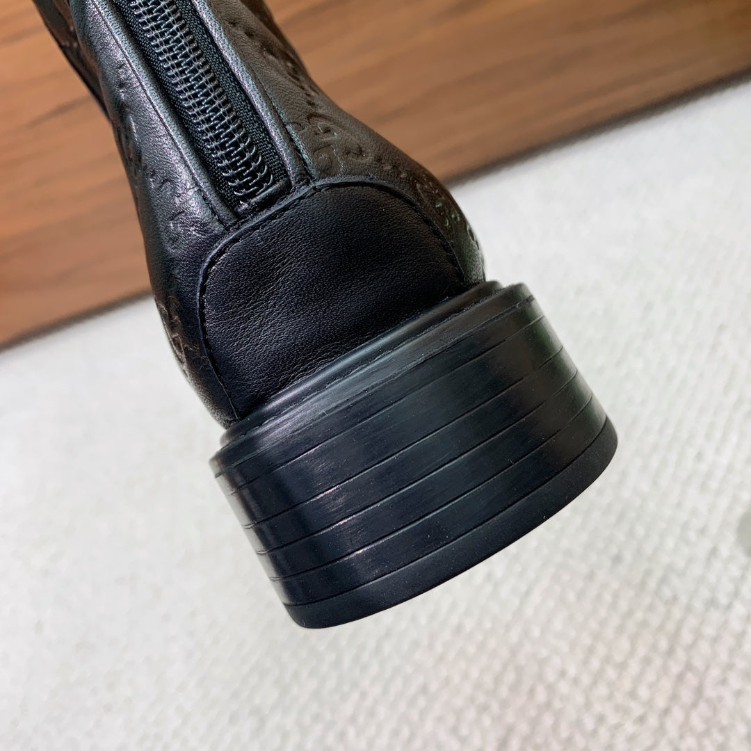 GG Riding Long Boots Black Monogram Embossed Cowhide 473643