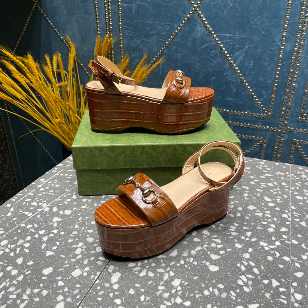 GG  HORSEBIT FLATFORM SANDAL CARAMEL CALFSKIN