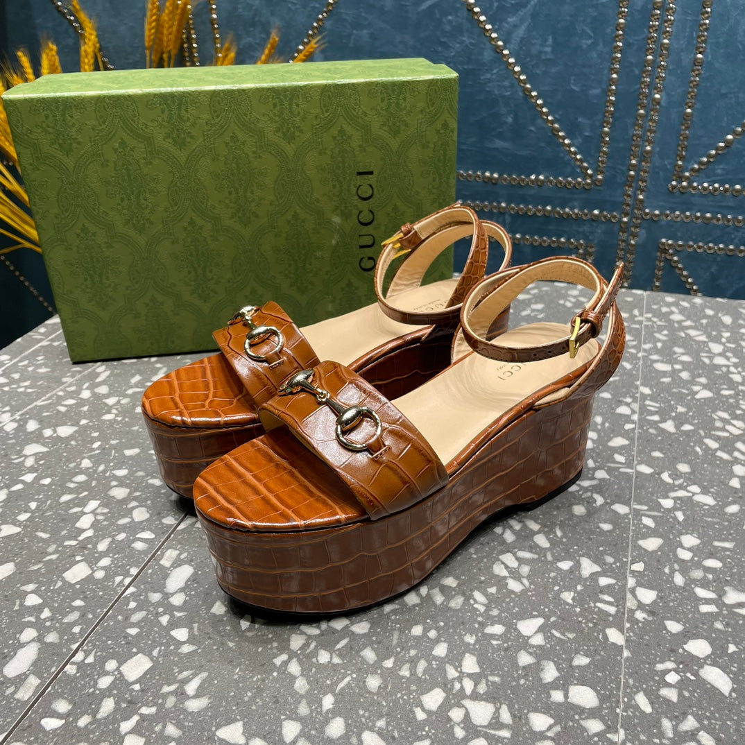 GG  HORSEBIT FLATFORM SANDAL CARAMEL CALFSKIN