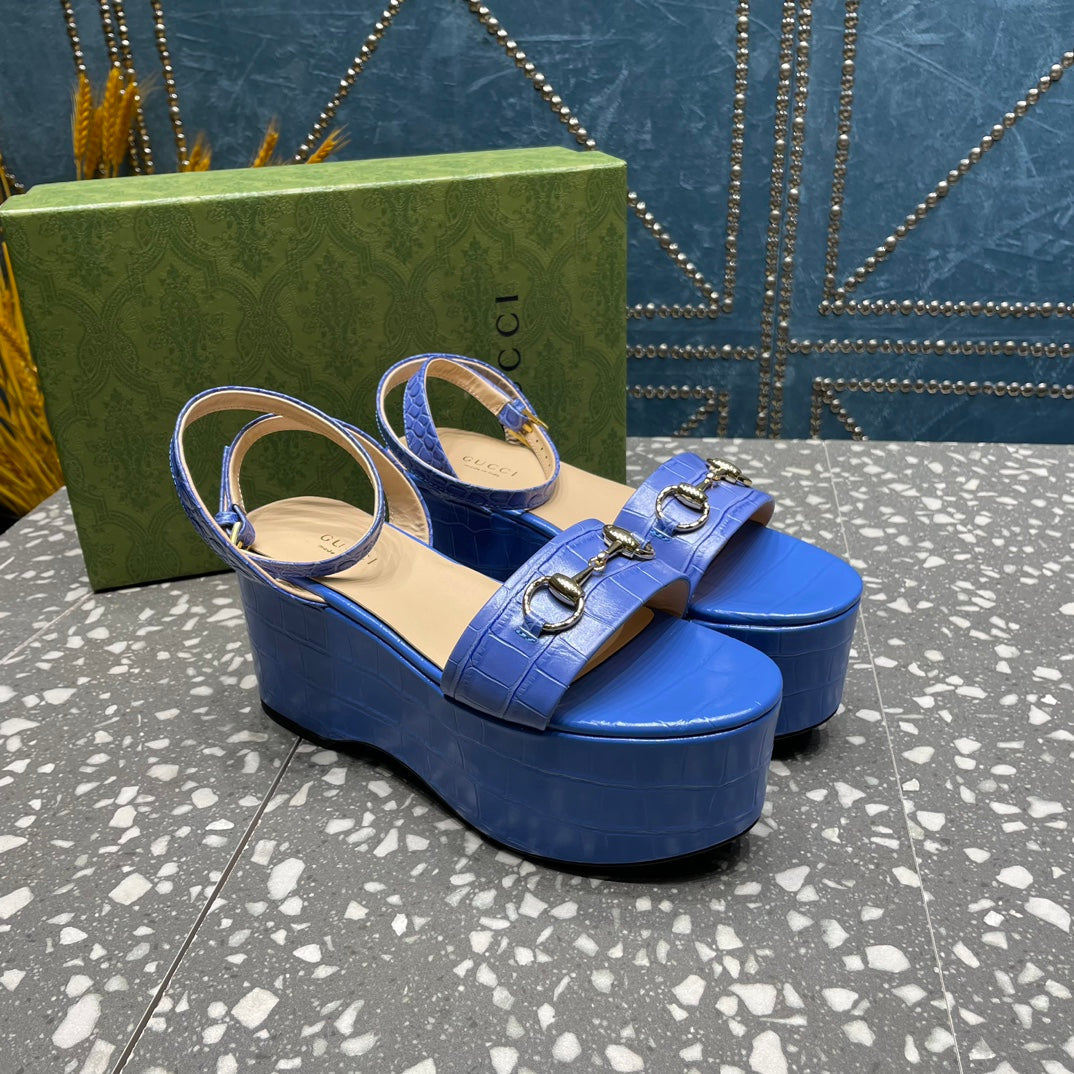GG  HORSEBIT FLATFORM SANDAL COBALT CALFSKIN