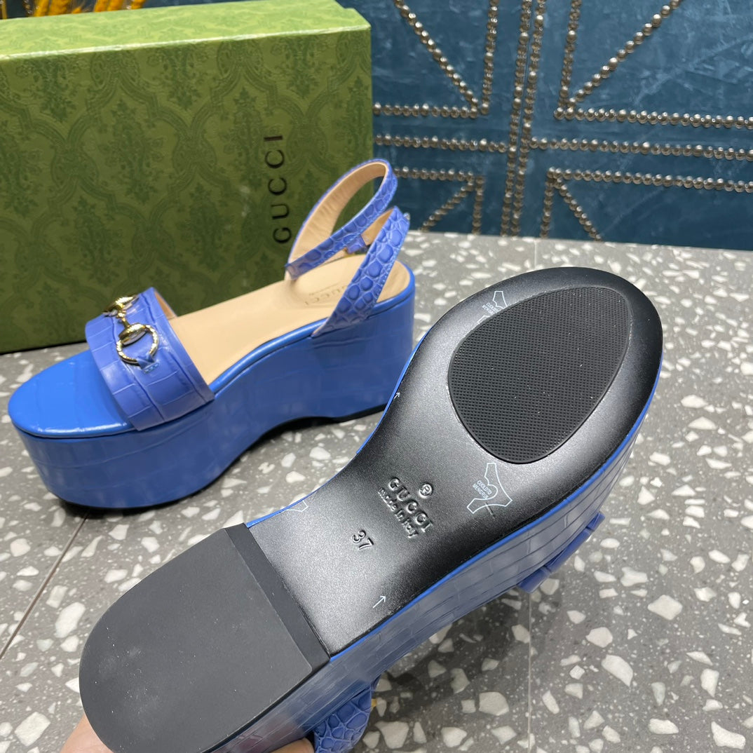 GG  HORSEBIT FLATFORM SANDAL COBALT CALFSKIN