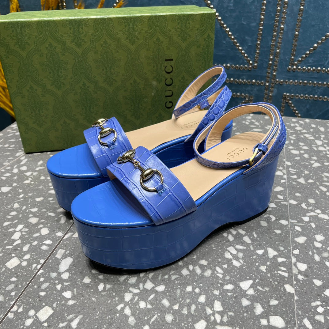 GG  HORSEBIT FLATFORM SANDAL COBALT CALFSKIN