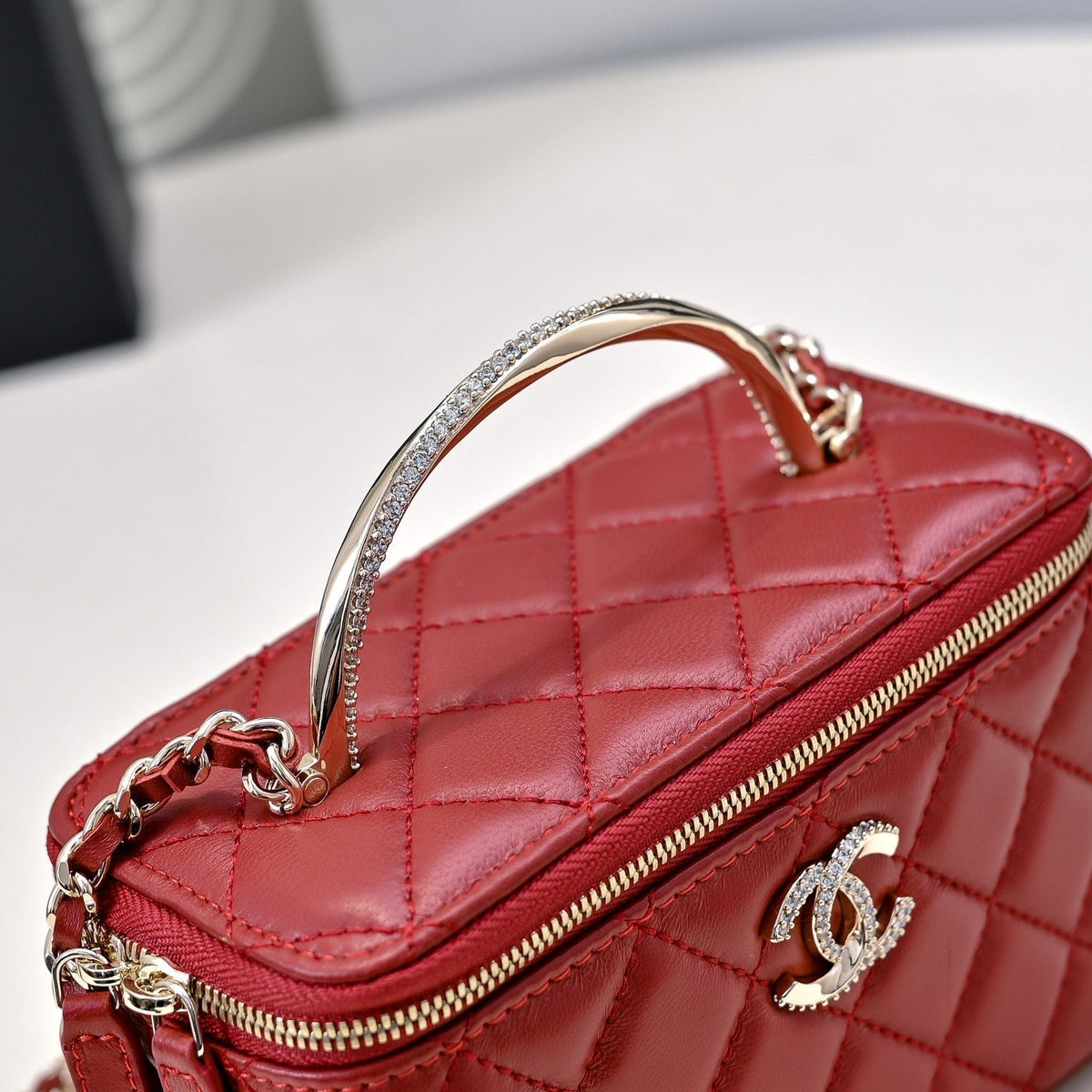 CC 24K Vanity Top Handle 17cm Red Lambskin Silver Hardware
