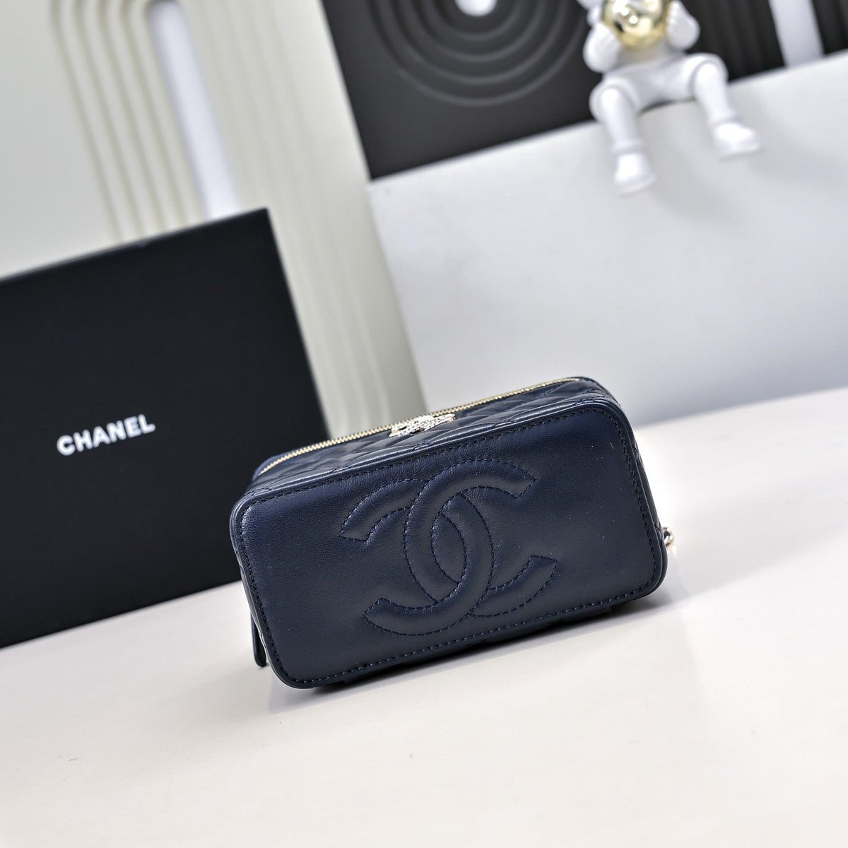 CC 24K Vanity Top Handle 17cm Blue Lambskin Silver Hardware