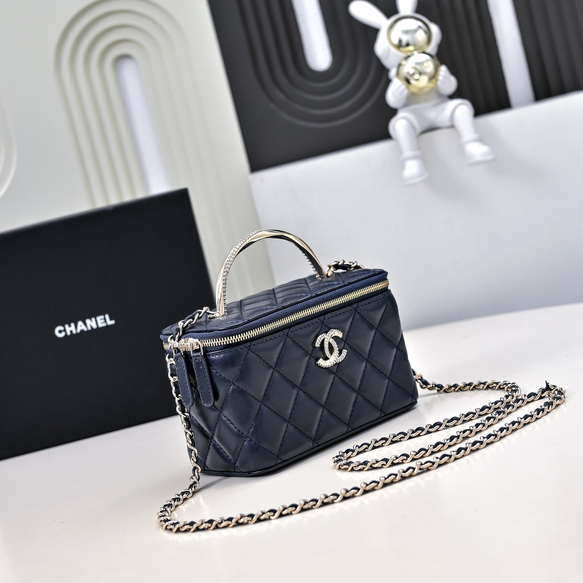 CC 24K Vanity Top Handle 17cm Blue Lambskin Silver Hardware