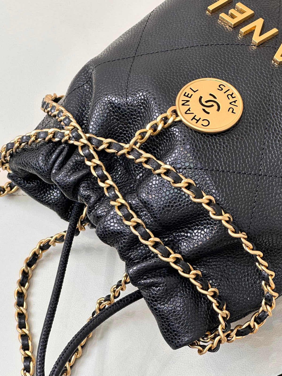 CC 22 Hobo Bag 19cm Black Grained Calfskin Gold Hardware