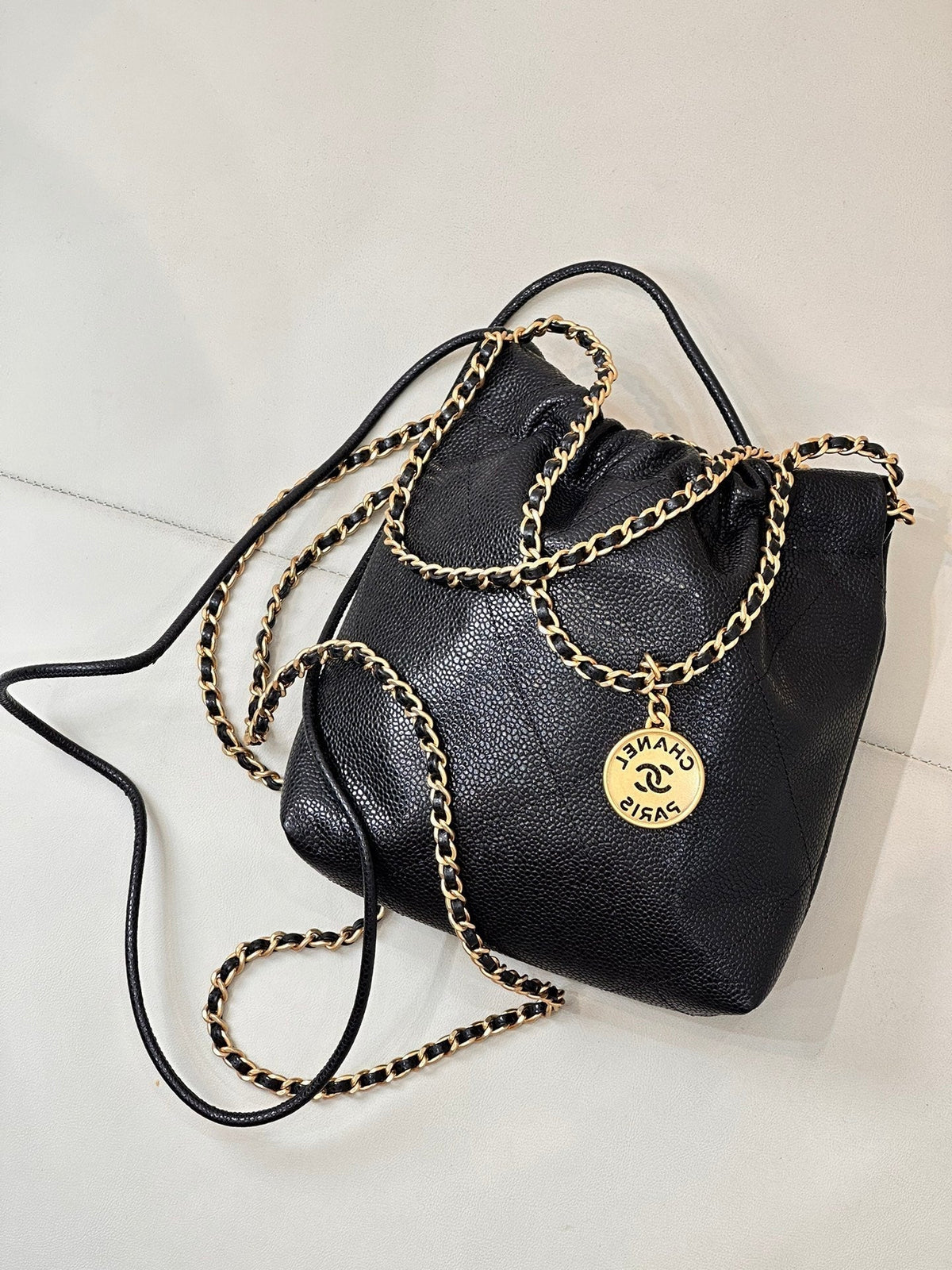 CC 22 Hobo Bag 19cm Black Grained Calfskin Gold Hardware