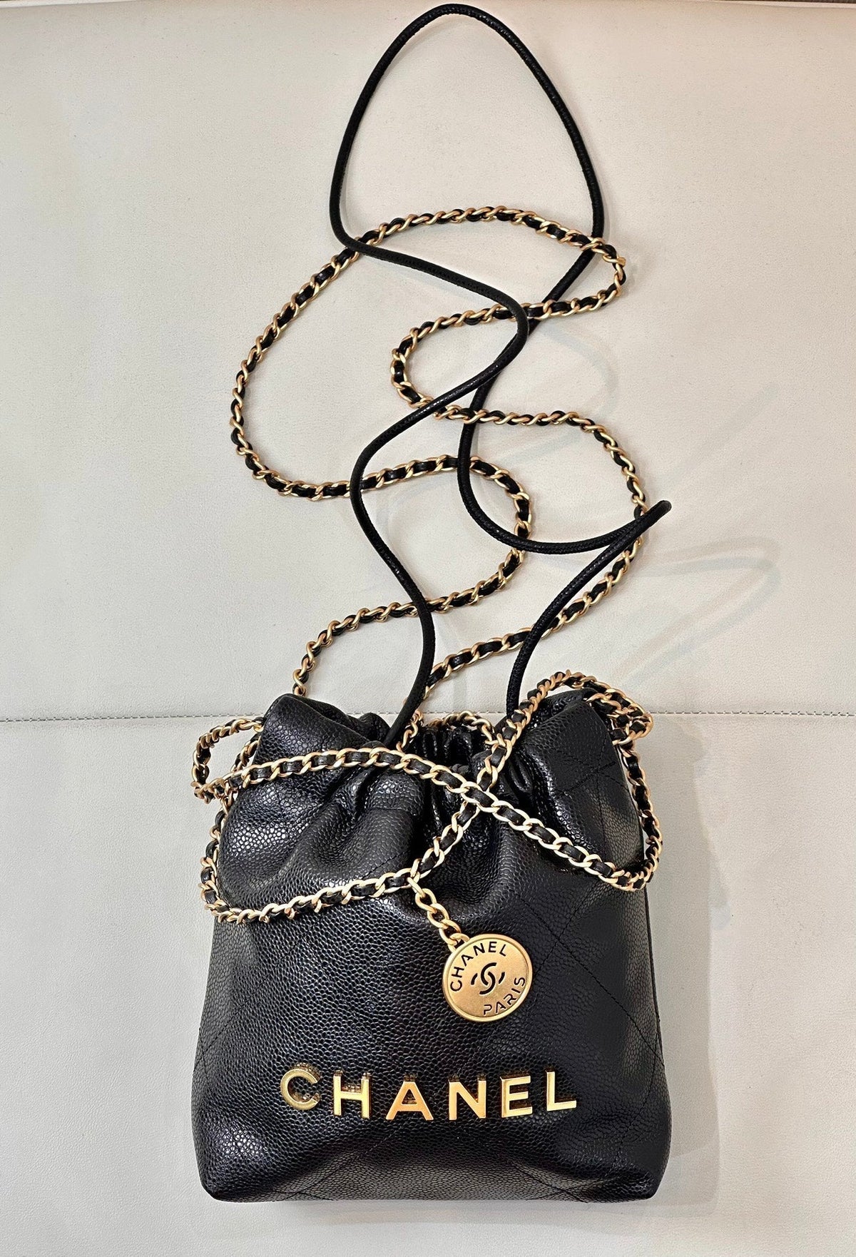 CC 22 Hobo Bag 19cm Black Grained Calfskin Gold Hardware
