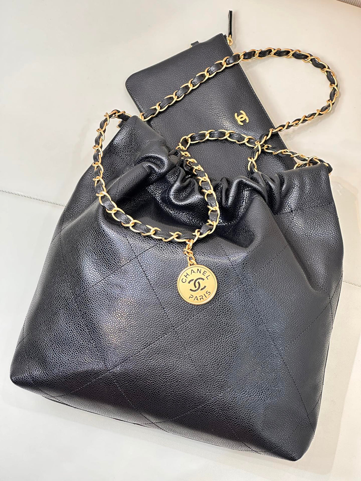 CC 22 Hobo Bag 35cm Black Grained Calfskin Gold Hardware