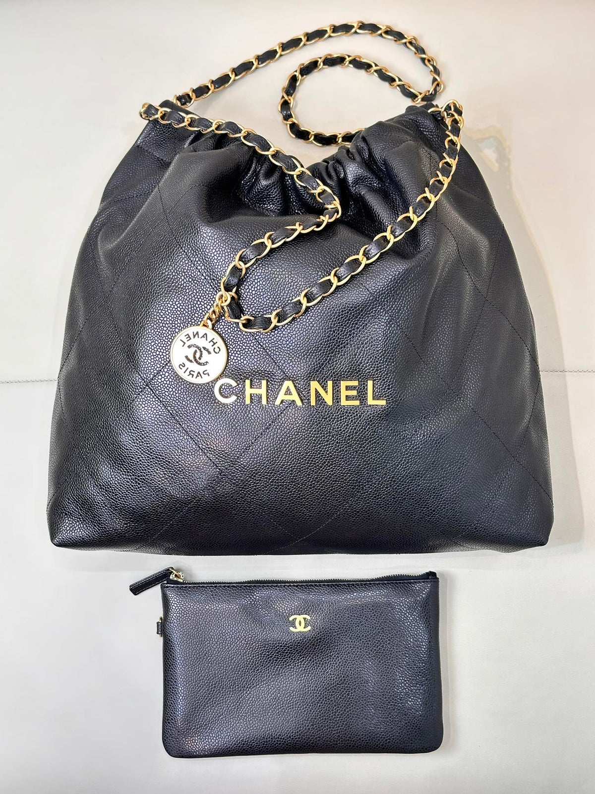 CC 22 Hobo Bag 42cm Black Grained Calfskin Gold Hardware