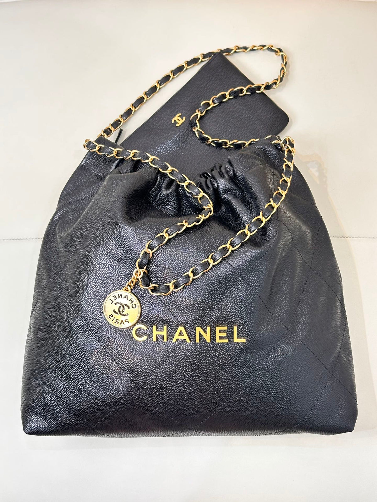 CC 22 Hobo Bag 42cm Black Grained Calfskin Gold Hardware