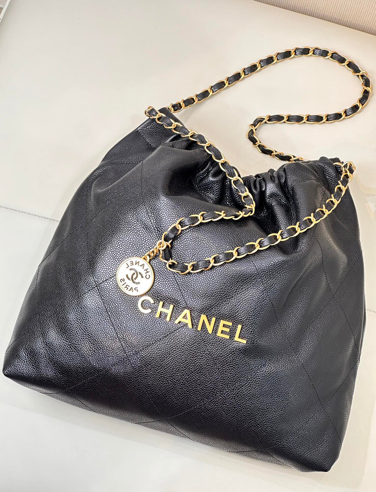 CC 22 Hobo Bag 42cm Black Grained Calfskin Gold Hardware