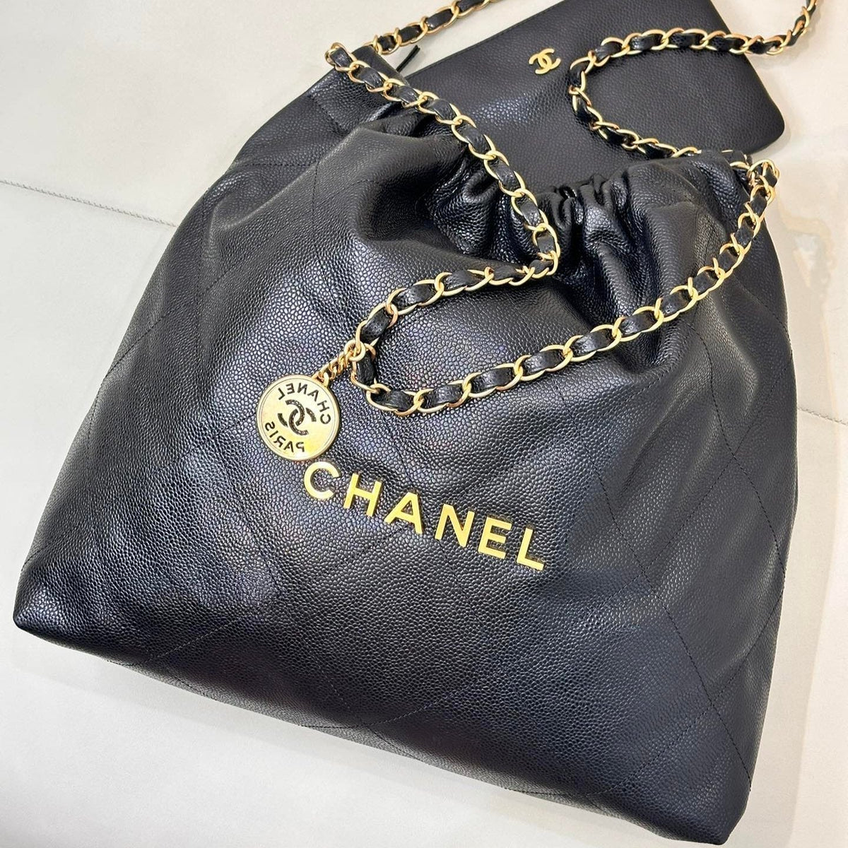 CC 22 Hobo Bag 42cm Black Grained Calfskin Gold Hardware