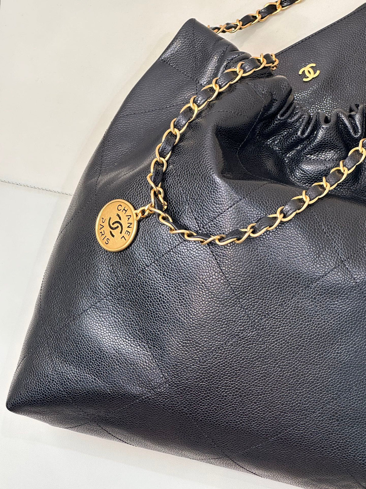 CC 22 Hobo Bag 42cm Black Grained Calfskin Gold Hardware