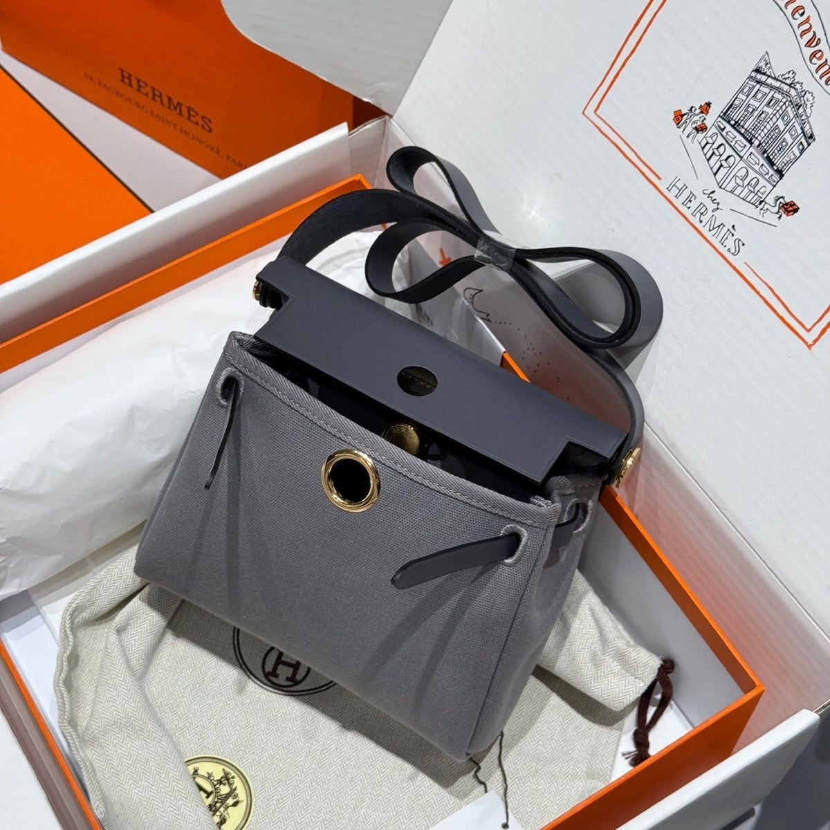 HM Mini Herbag Gold Buckle 20 Gray Canvas and Hunter Cowhide 243270