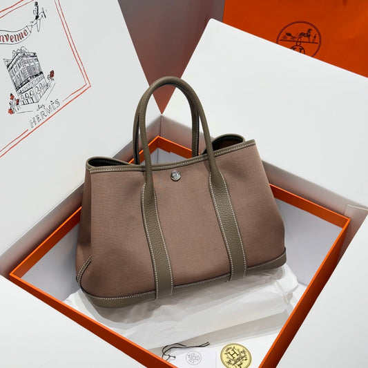 HM Garden Party 30cm Bag Etoupe Togo Chocolate Canvas