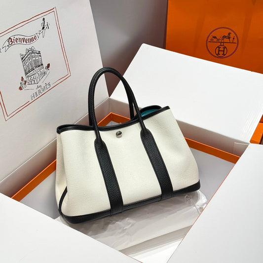 HM Garden Party 30cm Bag Black Togo White Canvas