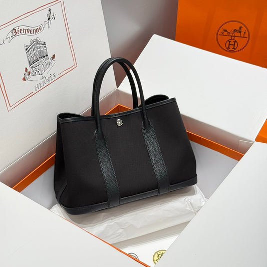 HM Garden Party 30cm Bag Black Togo Black Canvas