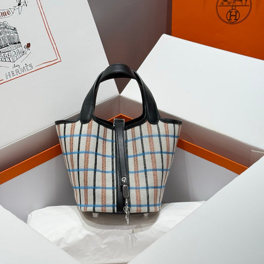 Picotin Lock 18 Black Swift Calfskin Multicolor H Canvas