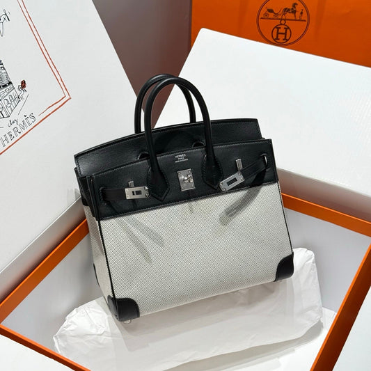 HM Birkin 25cm Black Swift Cowhide With Black White Checkered Canvas Fabric Shw 249986