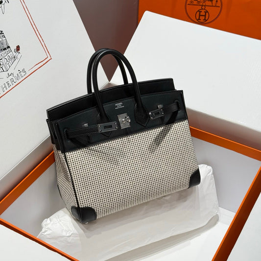 HM Birkin 25cm Black Swift Cowhide With Waffle Panda Black and White Canvas Fabric Shw 249985