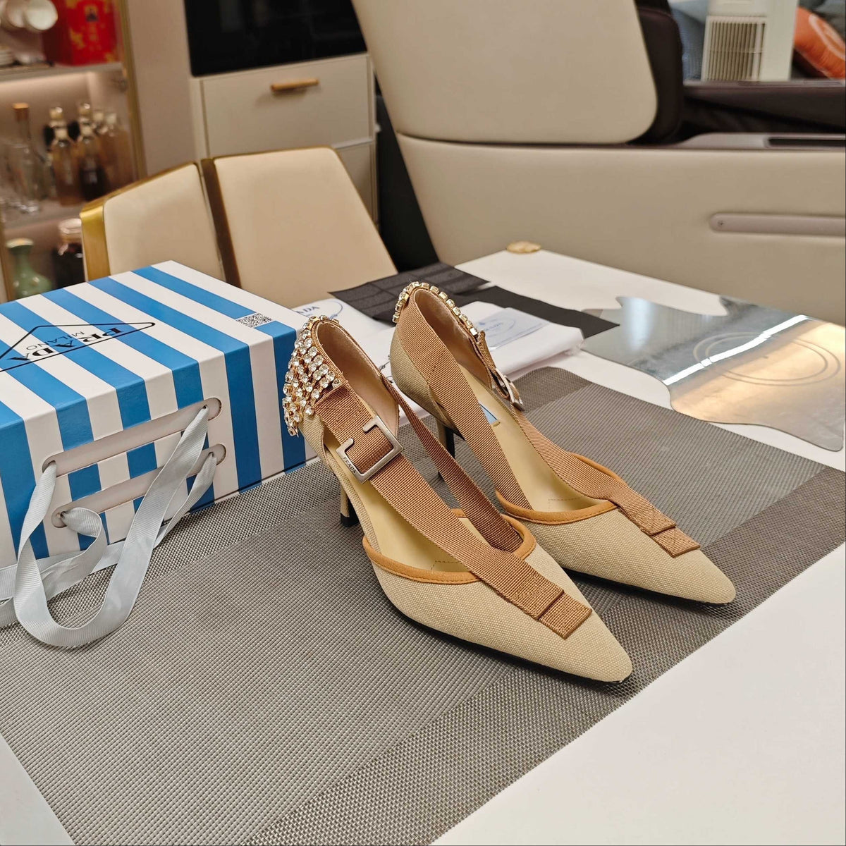 PRA 26S High Heel Pump 70 Beige Brown Canvas Rhinestones 630570