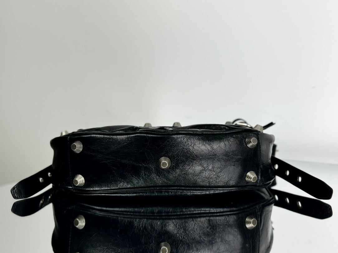 LE CAGOLE LARGE SHOULDER BAG 33 WITH RHINESTONES IN BLACK ARENA LAMBSKIN SILVER HARDWARE