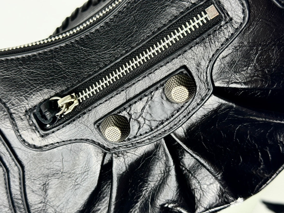 LE CAGOLE LARGE SHOULDER BAG 33 WITH RHINESTONES IN BLACK ARENA LAMBSKIN SILVER HARDWARE