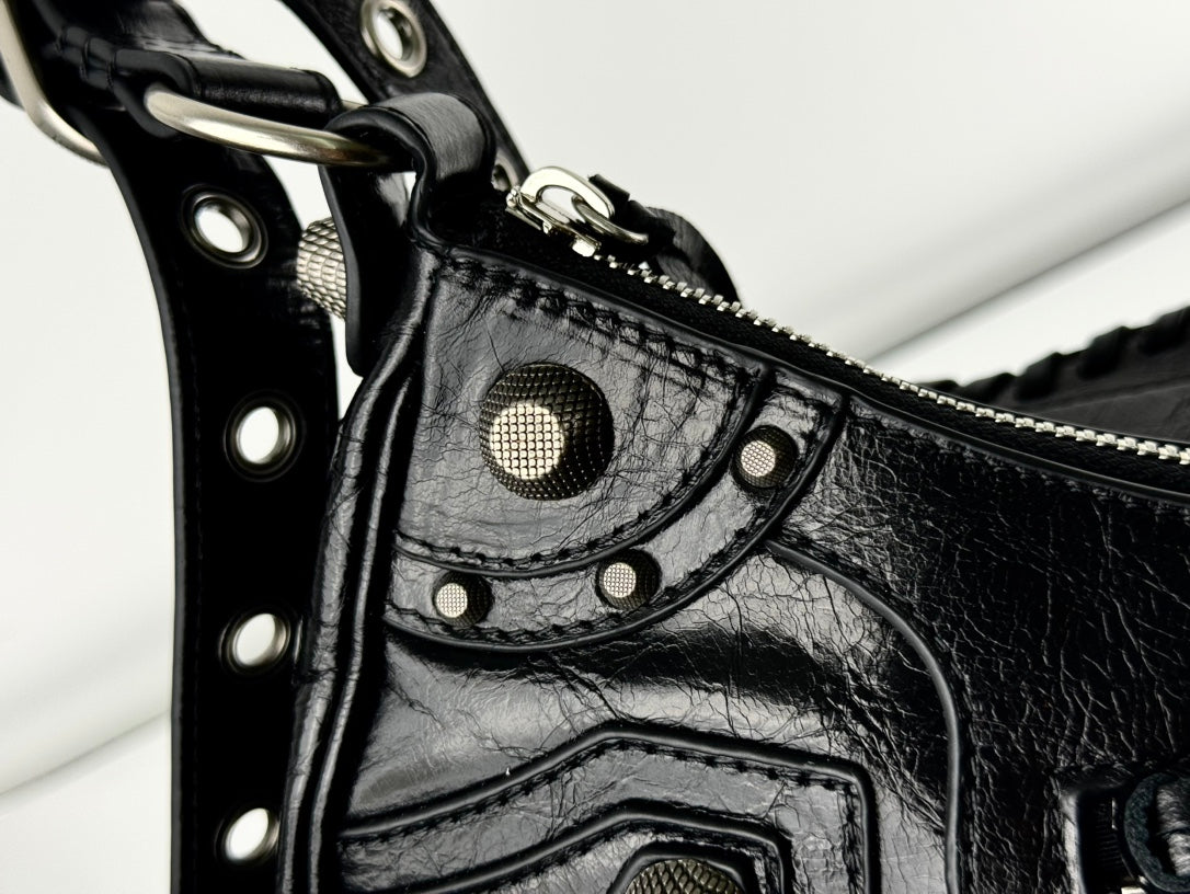 LE CAGOLE LARGE SHOULDER BAG 33 WITH RHINESTONES IN BLACK ARENA LAMBSKIN SILVER HARDWARE