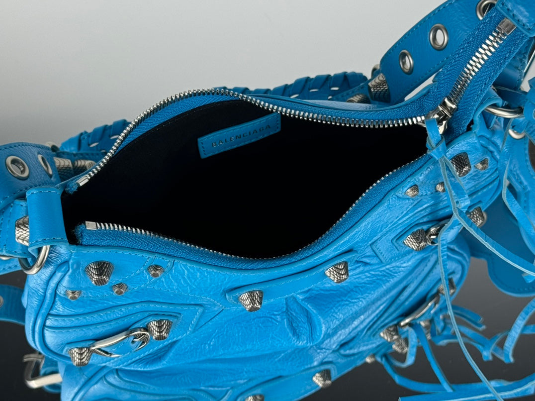 LE CAGOLE SMALL SHOULDER BAG 26 WITH RHINESTONES IN DODPER BLUE LAMBSKIN