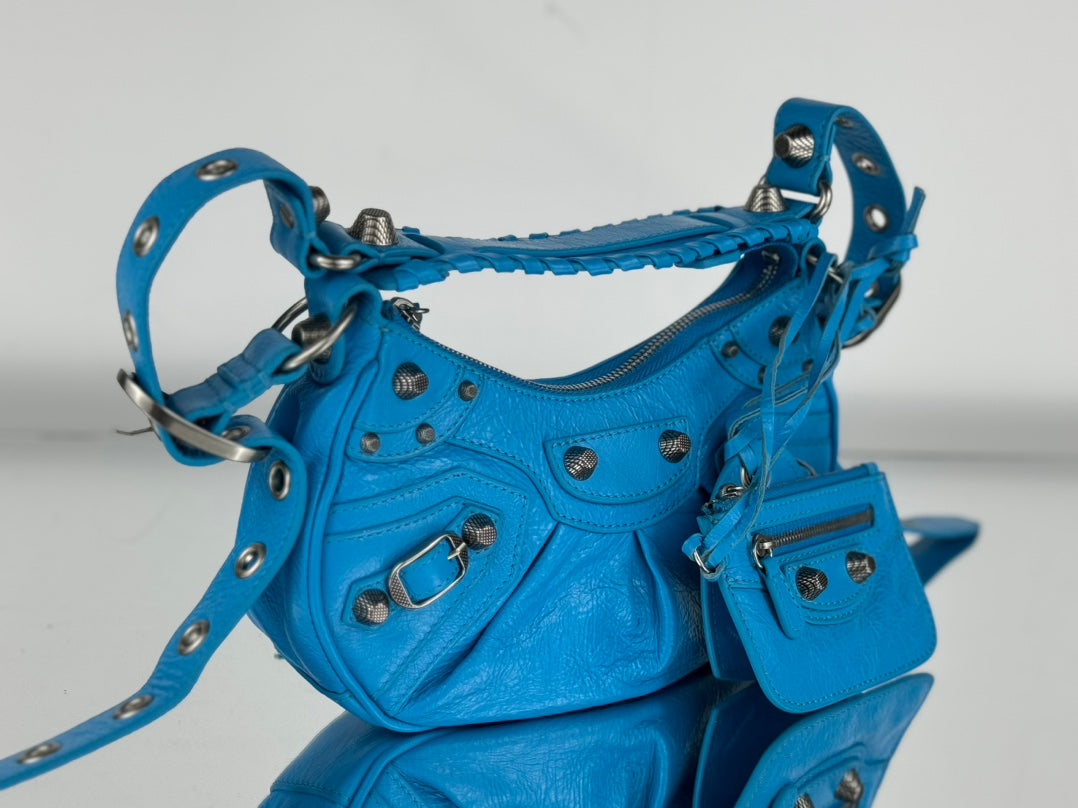 LE CAGOLE SMALL SHOULDER BAG 26 WITH RHINESTONES IN DODPER BLUE LAMBSKIN