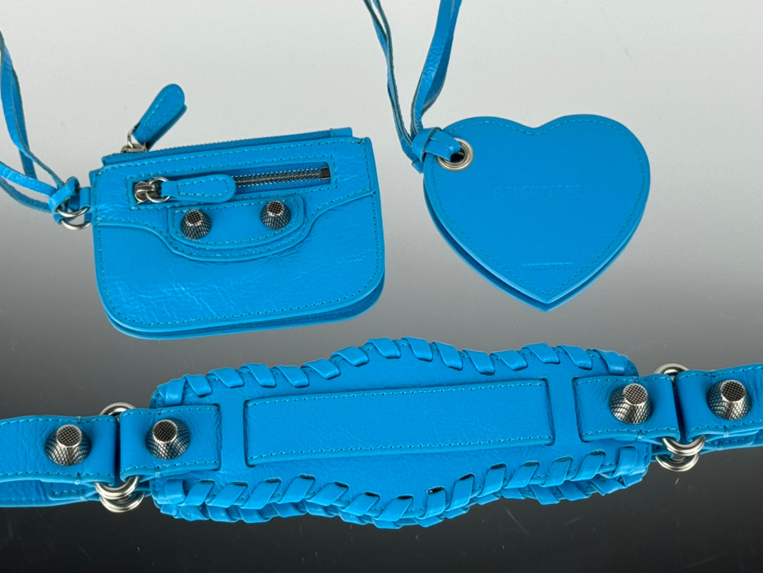 LE CAGOLE SMALL SHOULDER BAG 26 WITH RHINESTONES IN DODPER BLUE LAMBSKIN