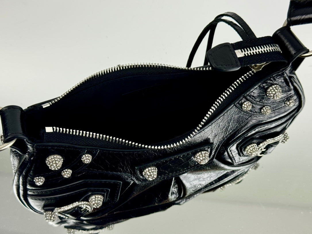 LE CAGOLE SMALL SHOULDER BAG 26 WITH RHINESTONES IN BLACK ARENA LAMBSKIN SILVER HARDWARE
