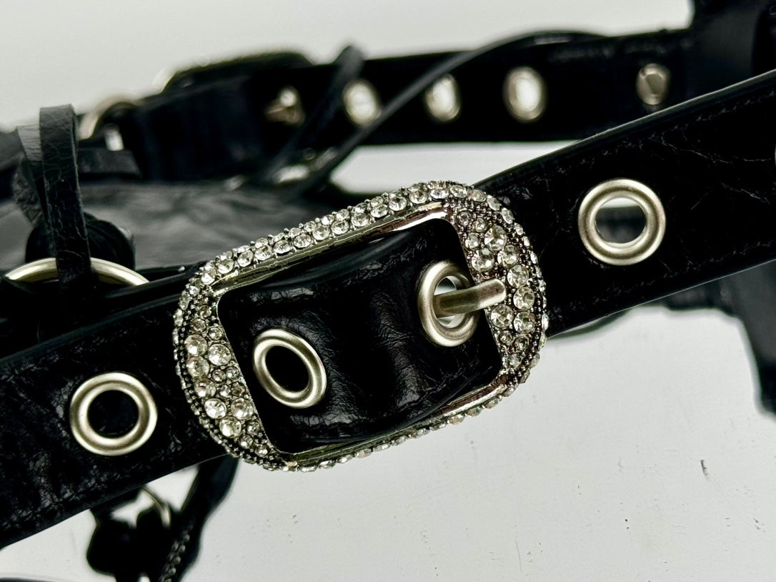 LE CAGOLE SMALL SHOULDER BAG 26 WITH RHINESTONES IN BLACK ARENA LAMBSKIN SILVER HARDWARE