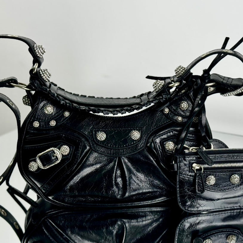 LE CAGOLE SMALL SHOULDER BAG 26 WITH RHINESTONES IN BLACK ARENA LAMBSKIN SILVER HARDWARE