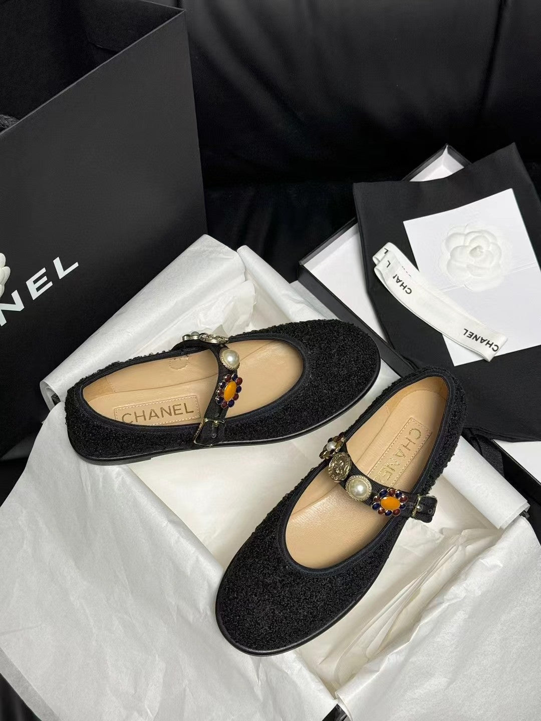 CC MARY JANES BLACK WOOL TWEED AND FABRIC