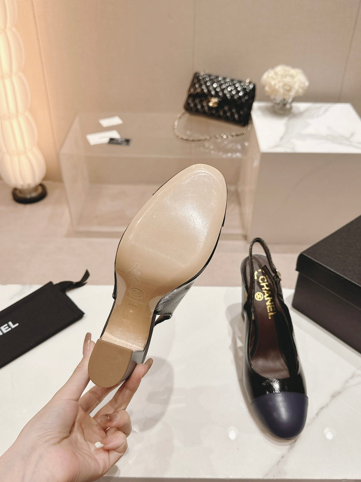 CC 24P SLINGBACKS 95MM BLACK NAVY LAMBSKIN