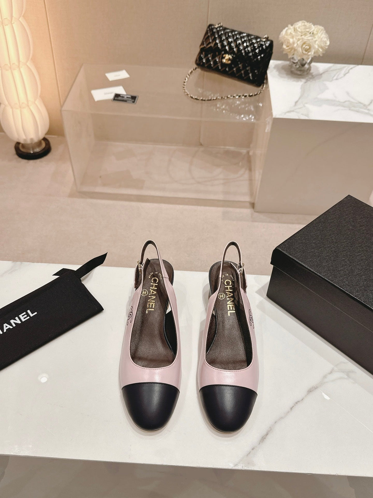 CC 24P SLINGBACKS 45MM PINK BLACK LAMBSKIN