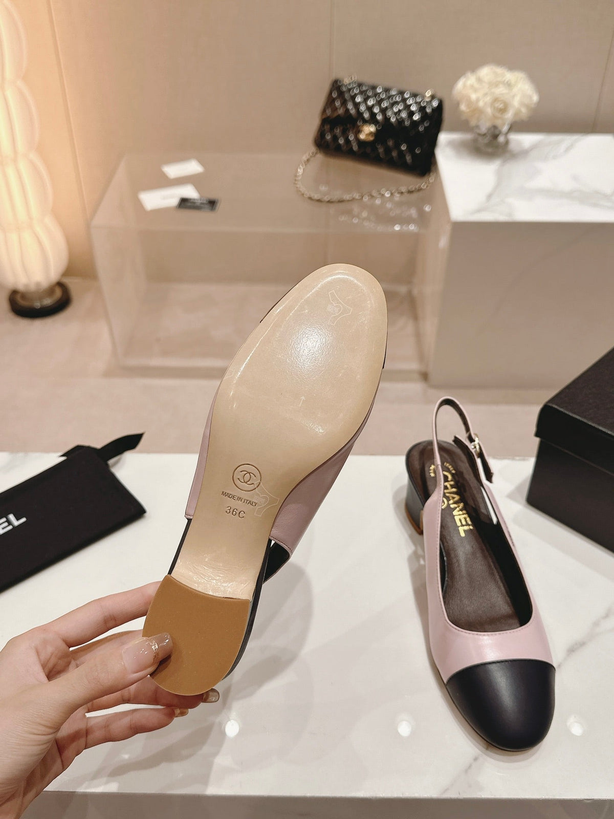 CC 24P SLINGBACKS 45MM PINK BLACK LAMBSKIN