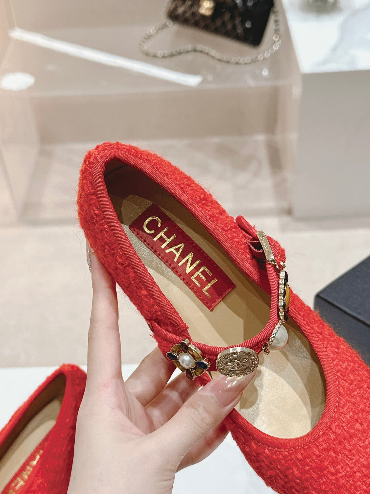 MARY JANE SHOES RED PINK WOOL TWEED