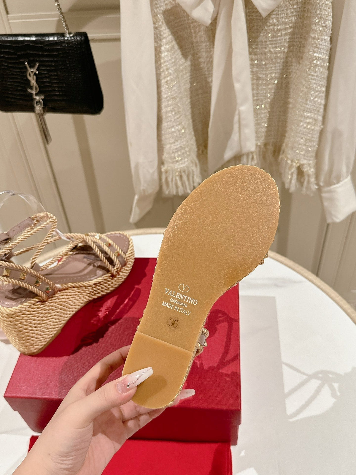 Rockstud Flatform Sandal 10mm In Beige Mix Rosy Brown Calfskin And Nylon Rope 829394