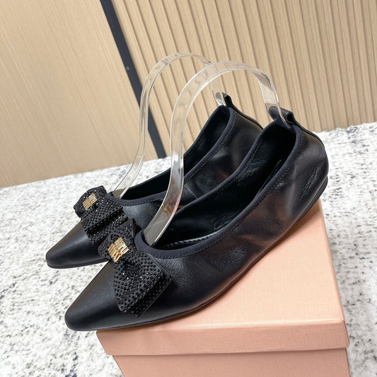 Miu Pointed-Toe Ballet Flats Black Sheepskin 591567