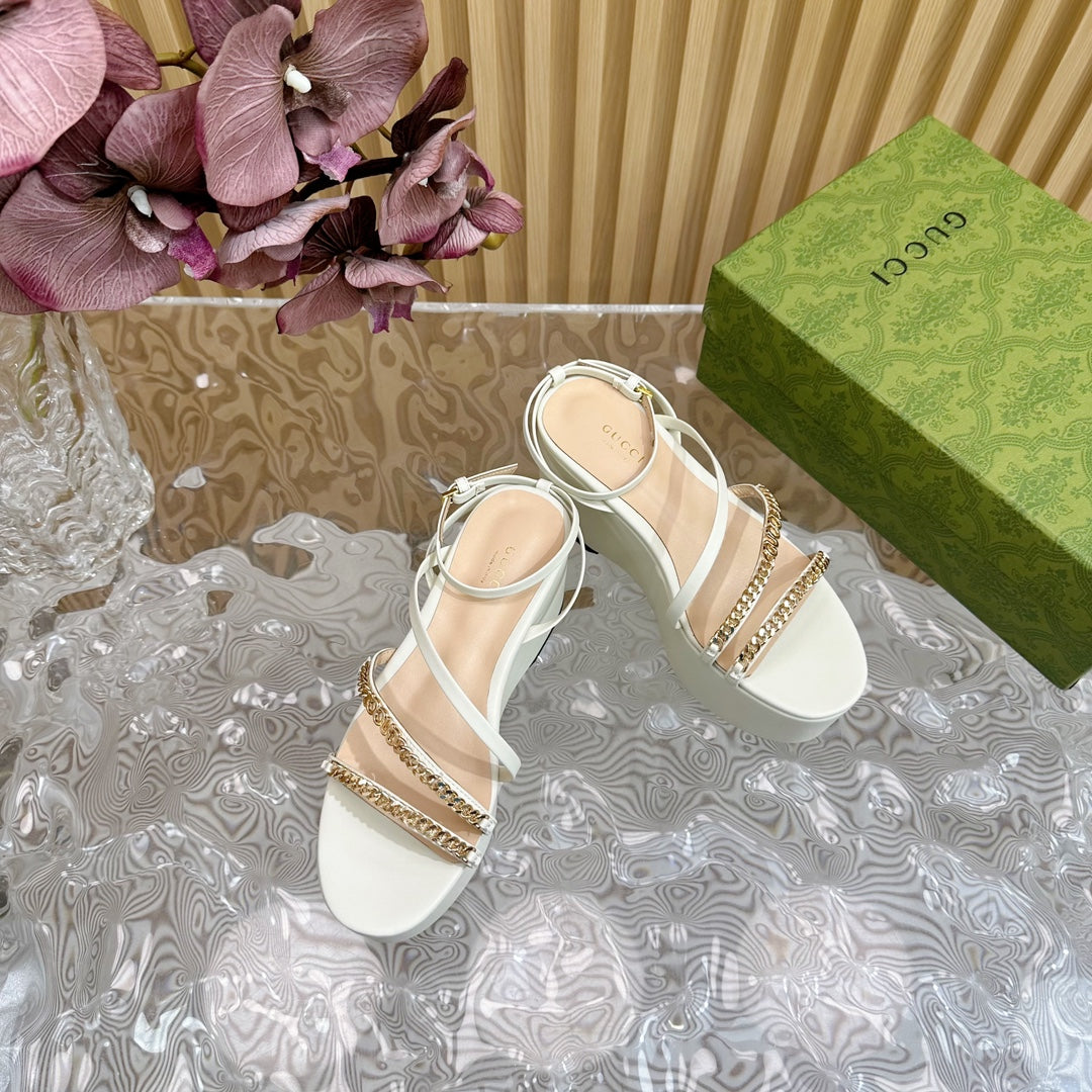 GG PLATFORM SANDAL WHITE CALFSKIN WITH CHAINS