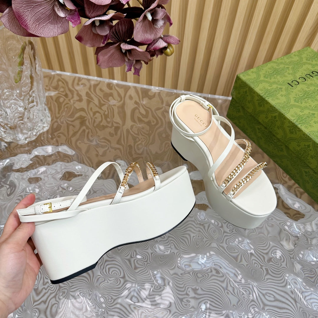 GG PLATFORM SANDAL WHITE CALFSKIN WITH CHAINS