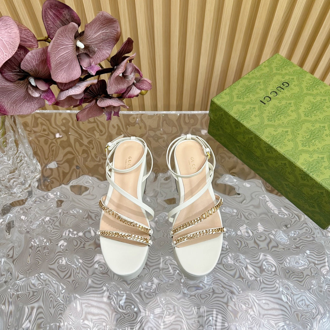 GG PLATFORM SANDAL WHITE CALFSKIN WITH CHAINS