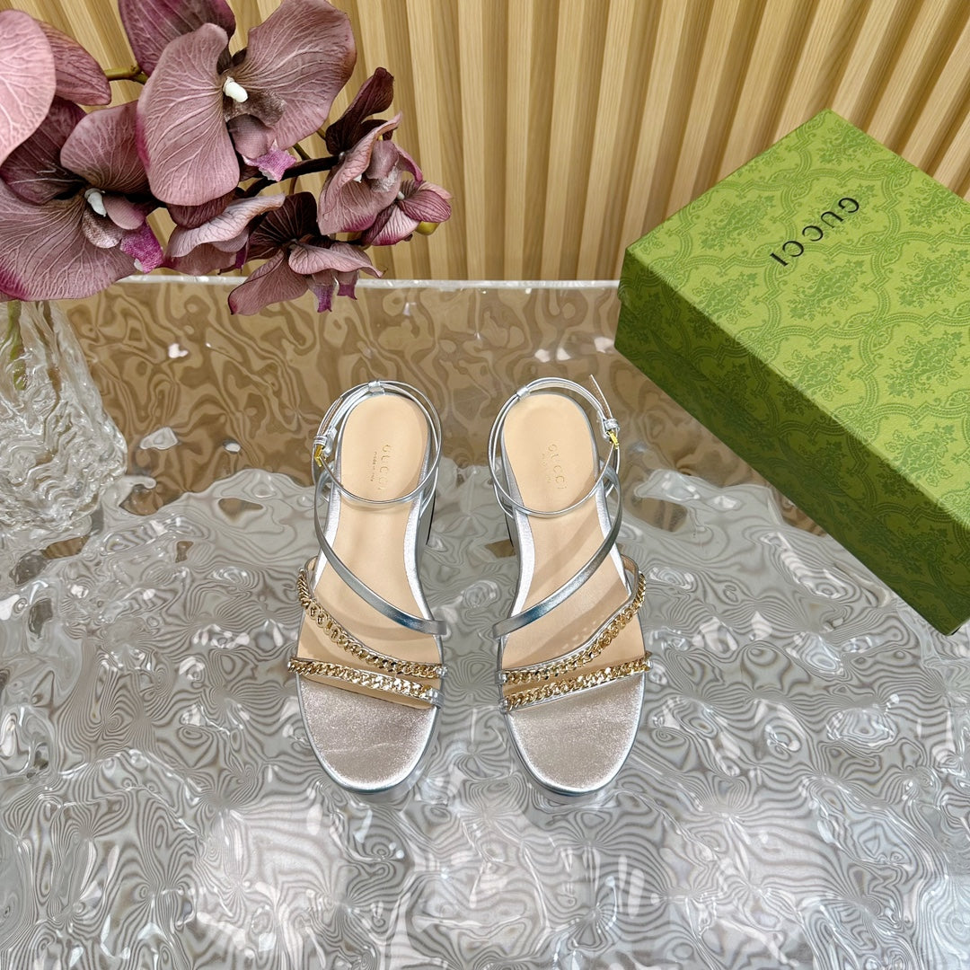 GG PLATFORM SANDAL SILVER CALFSKIN WITH CHAINS